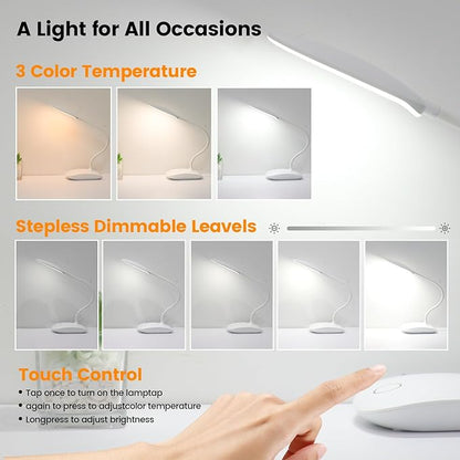 Battery Powered Desk Lamp, Portable Lamps Rechargeable 3 Color Modes Touch Control Stepless Dimming, Wireless Desk Lamp with 2000mAh, Small LED Table Light for Dorm Study Office Bedroom