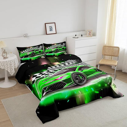Feelyou Race Car Bedding Set Full Size,Boys Extreme Sports Comforter Set for Kids Boys Car Racing Gifts,Green Cool Car Comforter Car Sports Quilt Set 1 Comforter with 2 Pillowcase Car Racing Gifts