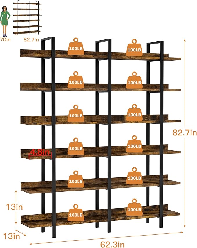 Bookshelf, 82.7" Double Wide 6 Tier Industrial Wooden Bookcase Large Wall Etagere Rustic Vintage Tall Book Shelf with Metal Frame Open Storage Rack for Living Room Home Office