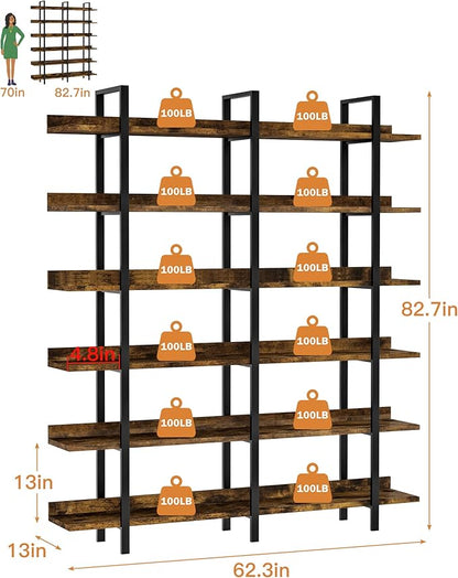 Bookshelf, 82.7" Double Wide 6 Tier Industrial Wooden Bookcase Large Wall Etagere Rustic Vintage Tall Book Shelf with Metal Frame Open Storage Rack for Living Room Home Office