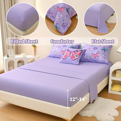 Butterfly Bedding Set Twin, Purple Butterfly Comforter Set for Girls Kids Teens 6 pcs Bed in a Bag Twin Bedding Sets for Girls