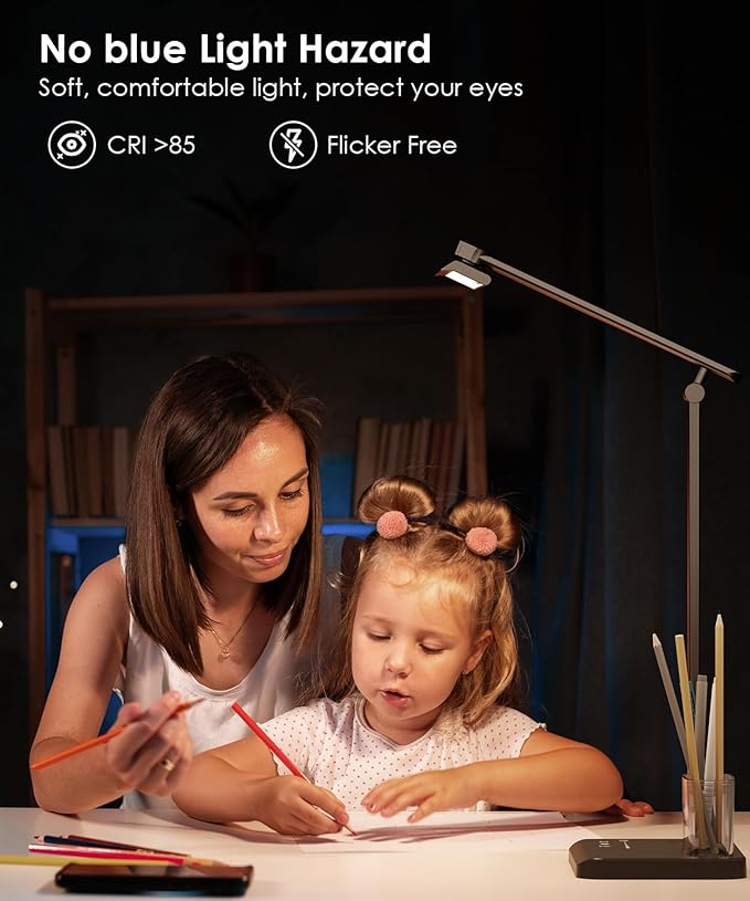 LED Desk Lamp with USB Charging Port, Eye-Caring Table Lamp, Touch Control Dimmable 5 Color Modes, 45 Min Auto-Off Timer, Foldable Study Desk Light for Home Office College Dorm & Reading