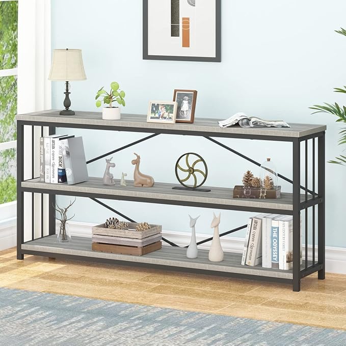 IBF Low Long Horizontal Bookshelf, Industrial Modern 3 Tier Etagere Bookcase, Large Wide Open Rustic Metal and Wood Grey Book Shelf for Bedroom Living Room Home Office Storage, Light Grey Oak, 63 Inch
