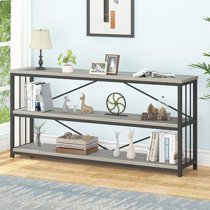 IBF Low Long Horizontal Bookshelf, Industrial Modern 3 Tier Etagere Bookcase, Large Wide Open Rustic Metal and Wood Grey Book Shelf for Bedroom Living Room Home Office Storage, Light Grey Oak, 63 Inch