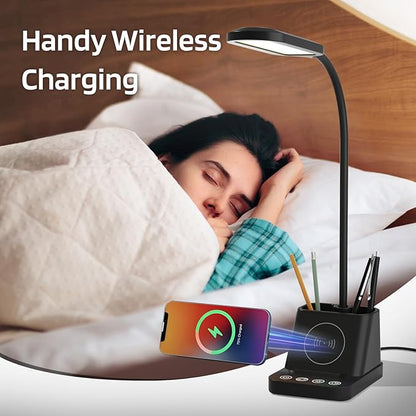 College Dorm Room Essentials Desk Lamp for Girls/Guys/Teens, Small Desk Lights with Wireless Charger, LED Black Reading Lamps for Home Office, Pen Holder, Kids Study Lamp with Storage