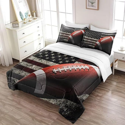 American Football Comforter Set for Boys Teens,Kids Sports Bedding Set Queen Size,USA Flag Football Printed Bedroom Sets with 2 Matching Pillow Shams