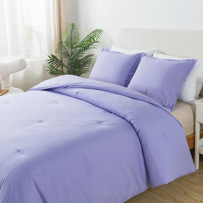 Full Size Lavender Purple Comforter Set, Solid Down Alternative Soft Boho Bedding Comforter Set, Breathable Fluffy Skin-Friendly Comforter for All Seasons with Pillowcases