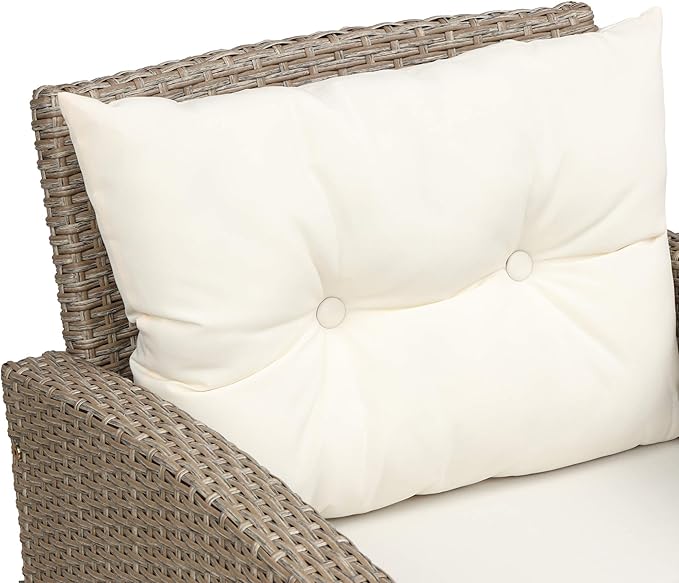 Outdoor Patio Furniture Sets, 4 Piece Rattan Conversation Sofa Wicker Sectional Couch with Chaise Lounge, Single Sofachair, Seat Cushions and Glass Table, for Garden Backyard Deck, Beige