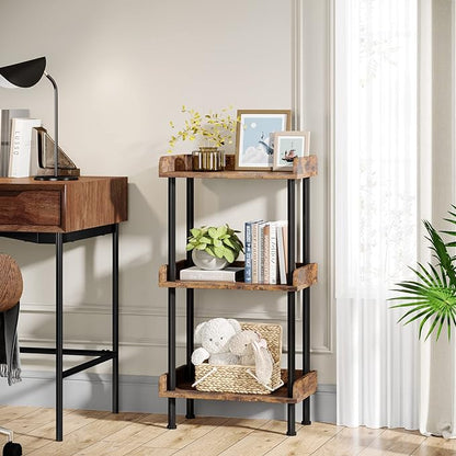 Bookshelf Small Book Shelf: 3-Tier Wood Bookcase Industrial Bookshelf Metal Standing Book Shelves Display Book Rack for Living Room Bedroom Home Office (Rustic Brown)
