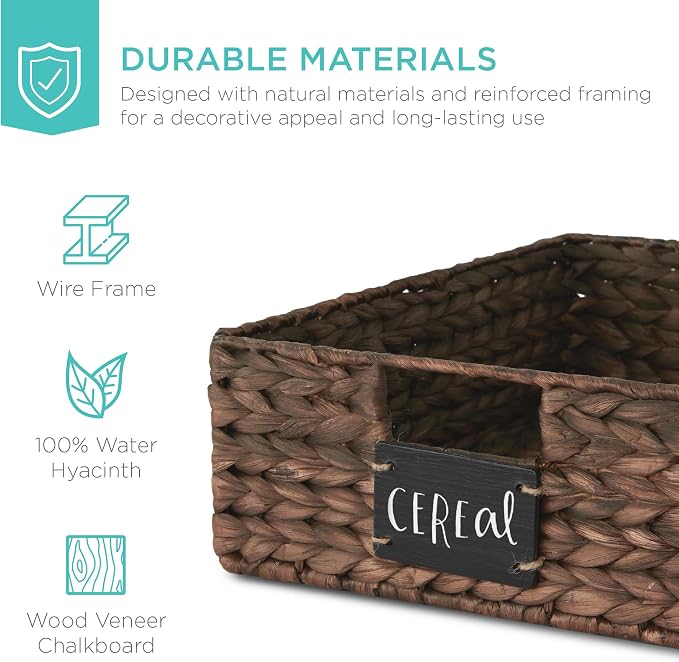 Best Choice Products Set of 4 16x12in Large Water Hyacinth Pantry Baskets, Woven Organizers w/Chalkboard Label, Chalk Marker - Brown