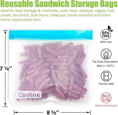 Reusable Food Storage Bags - 10 Pack Freezer Bags, Extra Thick Leakproof Lunch Bags for Salad Fruit Marinate Meats Travel - 10 Sandwich Storage Bag