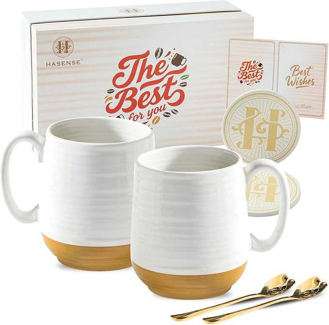 HASENSE Ceramic Couple Coffee Mug Gift Set, 20oz Mugs Set of 2 with Glaze Coasters & Gold Spoons |Unique Engagement, Bridal Shower, Wedding & Housewarming Gift for Newly Engaged, Bride and Groom White
