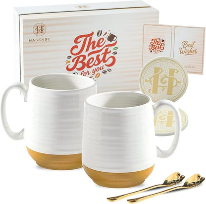 HASENSE Ceramic Couple Coffee Mug Gift Set, 20oz Mugs Set of 2 with Glaze Coasters & Gold Spoons |Unique Engagement, Bridal Shower, Wedding & Housewarming Gift for Newly Engaged, Bride and Groom White