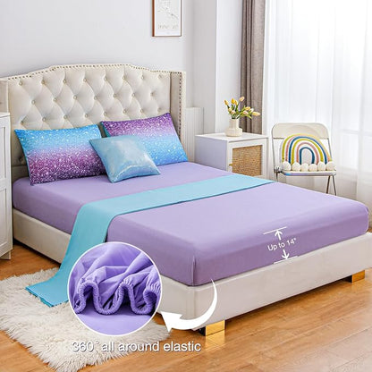 A Nice Night Girls Comforter Set Full Size 6 Piece Bed in A Bag 3D Colorful Sparkle Galaxy Rainbow Bedding Comforter Sheet Sets for Kids,BluePurple