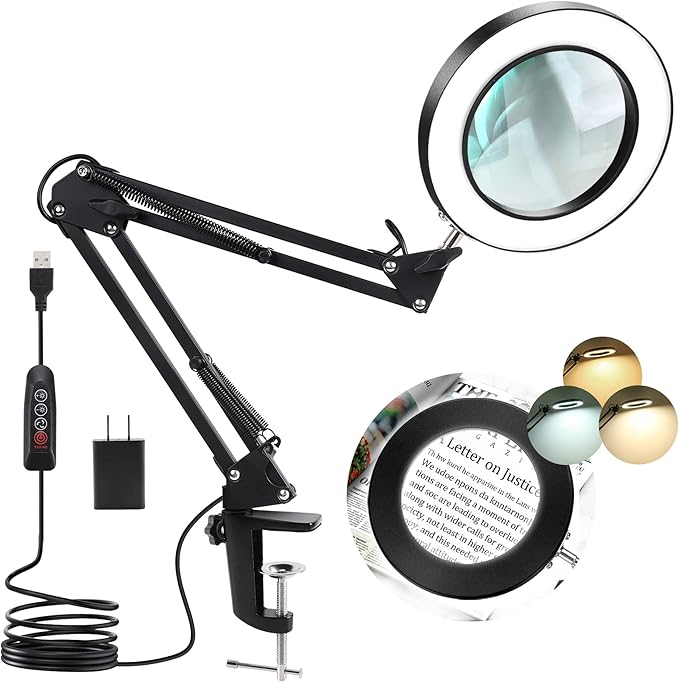 10X Magnifying Glass with Light, Krstlv Real Glass Lens Desk Lamp & Clamp, 3 Color Modes Stepless Dimmable, Hands Free LED Lighted Magnifier with Light and Stand for Reading Crafts Repair Close Works