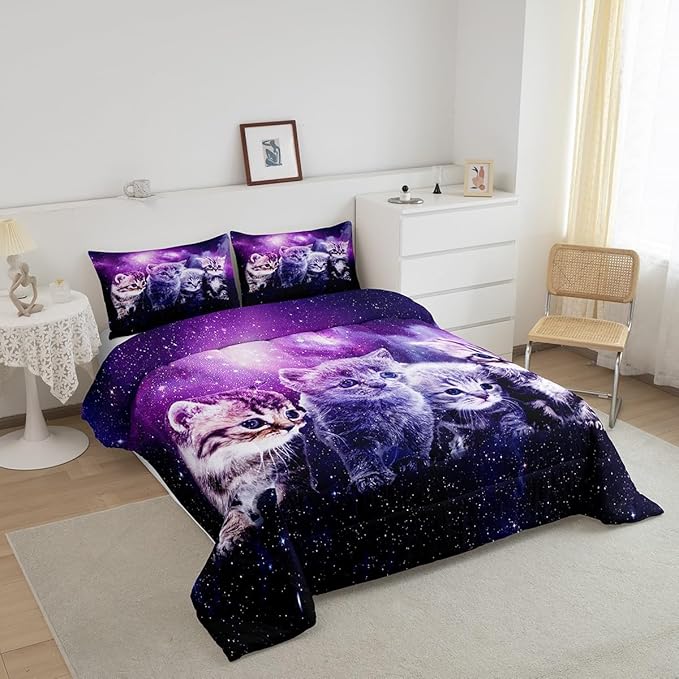 Cat Comforter Cute Pet Cats Pattern Bedding Set Outer Space Kawaii Kitten Comforter Set for Children Kids Boys Girls 3D Animal Theme Galaxy Duvet Set Room Decor Quilt Set Full Size