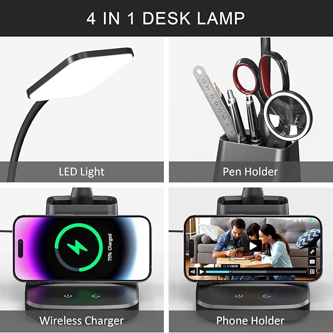 Desk Lamp for Home Office, LED Desk Lamp with Wireless Charger Pen Holder, Dimmable Desk Light with 3 Color Modes, Black Office Lamp for Dorm