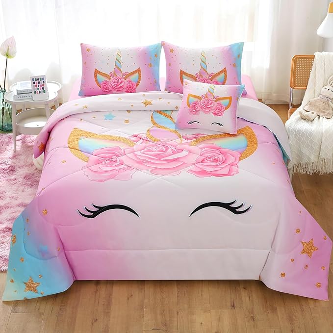 JQinHome Unicorn Full Bedding Sets for Girls Kids,6 Piece Bed in A Bag 3D Colorful Flower Girl Unicorn Comforter Set (1 Comforter,2 Pillowcases,1 Flat Sheet,1 Fitted Sheet,1 Cushion Cover)