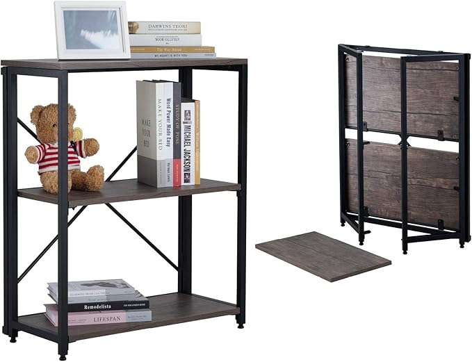 Bookshelf,3-Tier Folding Bookcase,Industrial Book Shelf,Rustic Wood Storage Shelves,Tall Bookshelf,Shelves For Bedroom,Office,Kitchen,Living Room,Study Room,No Assembly Folding Bookshelf,Black