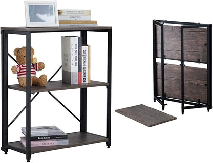 Bookshelf,3-Tier Folding Bookcase,Industrial Book Shelf,Rustic Wood Storage Shelves,Tall Bookshelf,Shelves For Bedroom,Office,Kitchen,Living Room,Study Room,No Assembly Folding Bookshelf,Black