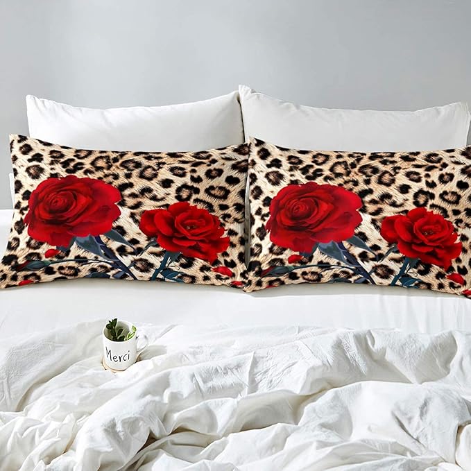 Rose Flower Comforter Set for Teens Adult Women Wedding Gift, Leopard Print Bedding Set Full Size, Valentine's Day Cheetah Duvet Sets Leopard Animal Skin Down Comforter for Bedroom Decor, Brown