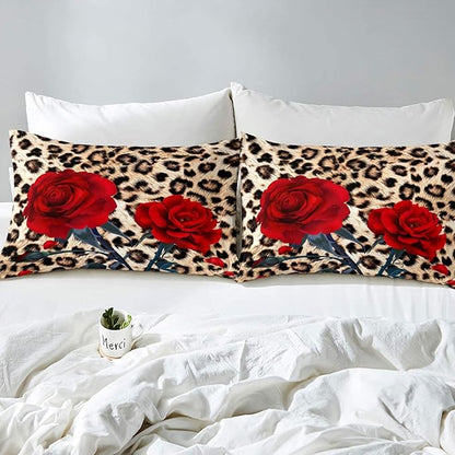 Rose Flower Comforter Set for Teens Adult Women Wedding Gift, Leopard Print Bedding Set Full Size, Valentine's Day Cheetah Duvet Sets Leopard Animal Skin Down Comforter for Bedroom Decor, Brown