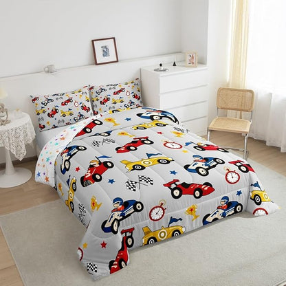 Feelyou Kids Cartoon Car Comforter Set Twin Size Racing Car Bedding Set for Boys Girls Teen Kids Children Home Decor Racing Car Comforter Race Cars Quilt Bed Set Red Grey Bedding Set for All Season