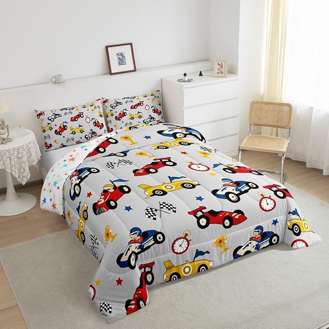 Feelyou Kids Cartoon Car Comforter Set Queen Size Racing Car Bedding Set for Boys Girls Teen Kids Children Home Decor Racing Car Comforter Race Cars Quilt Bed Set Red Grey Bedding Set for All Season