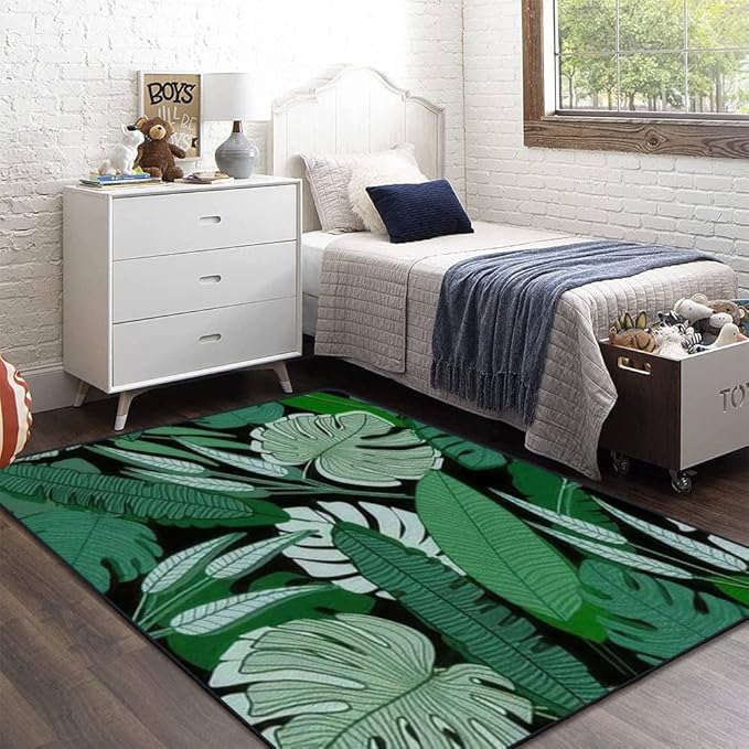 Soft Kids Play Area Rugs 3D Home Jungle Palm Leaf Seamless Ttropical Palm Leaves Design for Printing Plush Rugs Non Slip Shaggy Carpets for Kids' Bedroom Classroom Playroom Nursery Décor