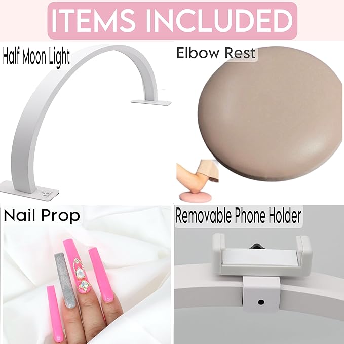 Half Moon Light for Nail Desk-4pcs Set-Half Moon Light-Half Moon Light for Esthetician-Half Moon Lamp for Nails-Nail Lamp for Desk-Nail Desk Light-BONUS Phone Holder,Nail Prop & Elbow Rest