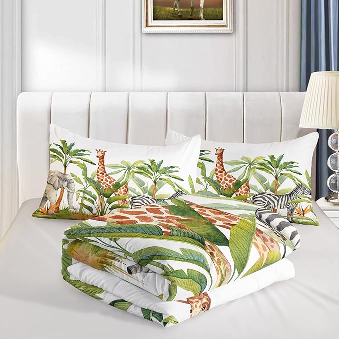 Wild Animal Comforter Full Size,Elephant Giraffe Zebra Kids Comforter Set,Jungle Comforter,3Pcs Bedding Set Printed Comforter with 2 Pillowcases,Down Alternative,Soft and Lightweight