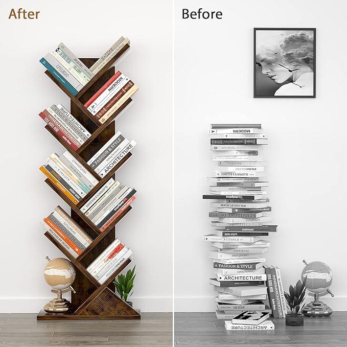 Topfurny Tree Bookshelf, 9-Tier Shelf Rustic Brown Bookcase, Retro Wood Storage Rack for CDs/Movies/Books, Anti-Fall Utility Organizer Shelves for Living Room, Bedroom, Home Office, Rustic