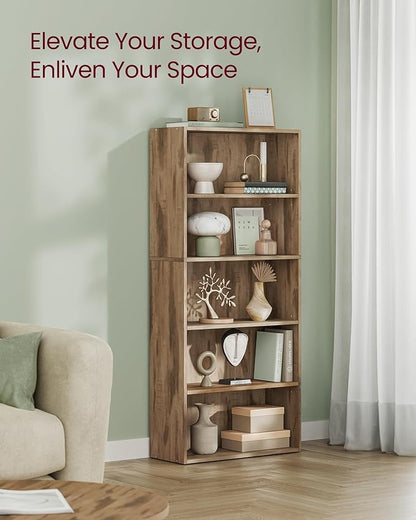 VASAGLE Bookshelf, 23.6 Inches Wide, 5-Tier Open Bookcase with Adjustable Storage Shelves, Floor Standing Unit, Camel Brown ULBC165T50
