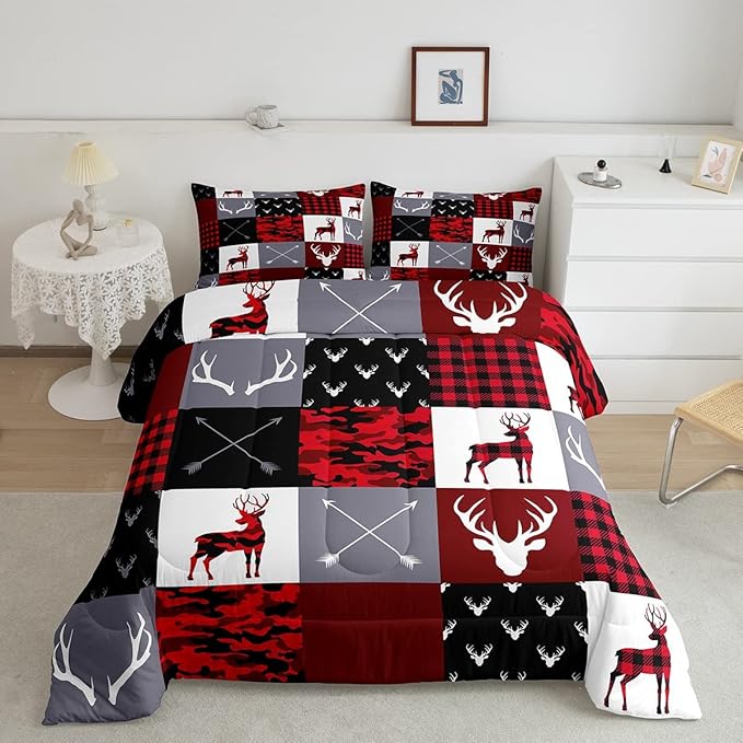 Deer Silhouette Comforter Set Queen Size,Antler Arrow Grid Stripe Design Bedding Duvet 3pcs for Kids Teens Adult Boys Girls Home Room Decoration, Camouflage Christmas Style Red Quilt Set