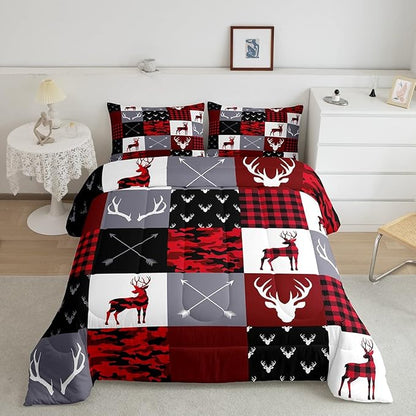 Deer Silhouette Comforter Set Queen Size,Antler Arrow Grid Stripe Design Bedding Duvet 3pcs for Kids Teens Adult Boys Girls Home Room Decoration, Camouflage Christmas Style Red Quilt Set