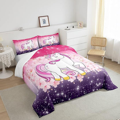 Unicorn Comforter Set Twin Glitter Bedding Set Cherry Blossoms Duvet Insert Kids Cartoon Kawaii Animal Down Comforter Ombre Galaxy Stars Fantasy Girls Room Decor Quilt Set Aesthetic Pink Purple