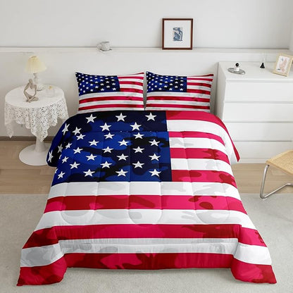 Feelyou American Flag Bedding Set Camouflage USA Flag Comforter Set Army Camo Flag Comforter Blue Red and White Stars Down Alternative Comforter for All Season Room Decor Queen Size