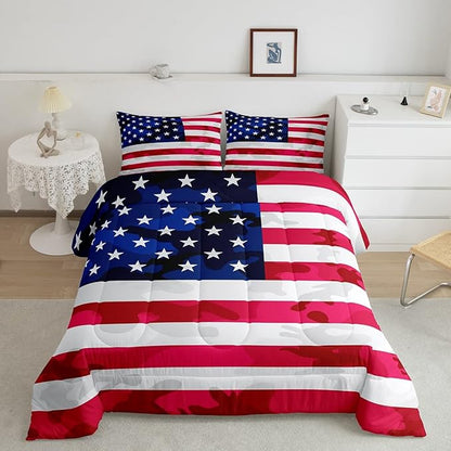 Feelyou American Flag Bedding Set Camouflage USA Flag Comforter Set Army Camo Flag Comforter Blue Red and White Stars Down Alternative Comforter for All Season Room Decor Twin Size