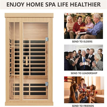 1-2 Person Infrared Sauna, Hemlock Wood Low EMF Far Infrared Saunas for Home, 1350watt Indoor Personal Sauna Room Box with APP Control, Glass Door, Blue-Tooth, LCD, LED Reading Light