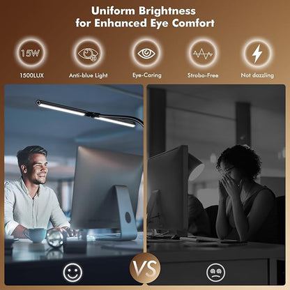 Quntis Double Head LED Tall Desk Lamp for Home Office, 31.5-inch Foldable Computer Desk Light with Clamp, Dimmable Dual Monitor Light Bar for Curved Screen Architect Drafting Design - 32 Modes