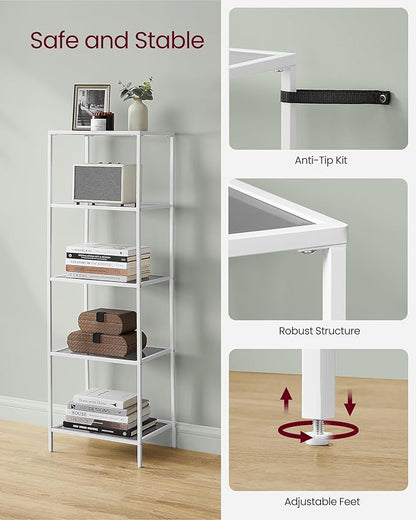 VASAGLE Bookcase, 5-Tier Bookshelf, Slim Shelving Unit for Bedroom, Bathroom, Home Office, Tempered Glass, Steel Frame, Pearl White and Slate Gray ULGT029W01