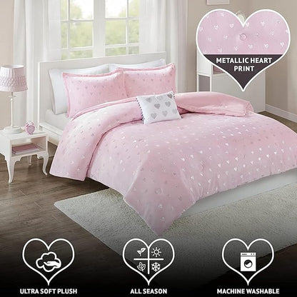 Mi Zone Rosalie Comforter Set for Girls, Ultra-Soft Microlight Plush Metallic Printed Hearts Brushed Reverse Overfilled Down Alternative Hypoallergenic All Season, Twin/Twin XL, Pink/Silver, 3 Piece