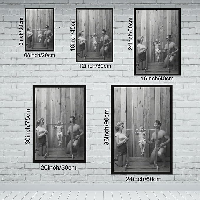 UXCBIA Baby Doing Pull-ups, Bodybuilder Family Black And White Retro Poster Canvas Poster Bedroom Decor Sports Landscape Office Room Decor Gift Black Frame 12x18in(30x45cm)