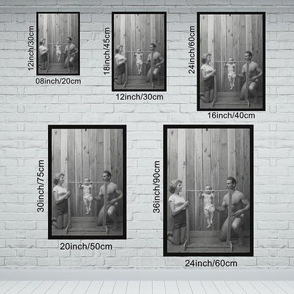 UXCBIA Baby Doing Pull-ups, Bodybuilder Family Black And White Retro Poster Canvas Poster Bedroom Decor Sports Landscape Office Room Decor Gift Black Frame 12x18in(30x45cm)