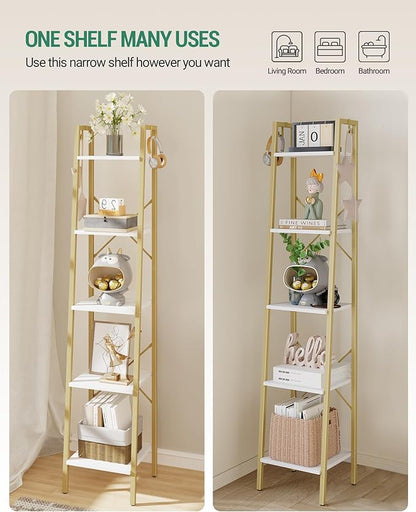 Ladder Shelf, Bookshelf Bookcase, Freestanding Corner Storage Shelve with 2 Hooks for Home Office, Living Room, Kitchen, Bedroom, Industrial, 5-Tier White Gold BC03213G
