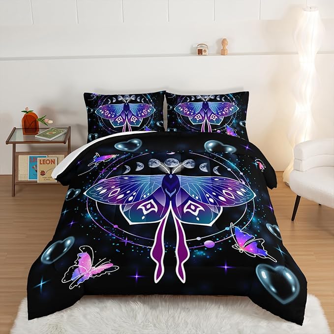 HOSIMA Butterfly Comforter Set with 2 Pillowcases,Moon Starry Sky Galaxy Comforter Butterfly Room Decor Aesthetics,Blue Heart -Shaped Bubble King Size Comforter Set for Adults Kids Black Comforter.