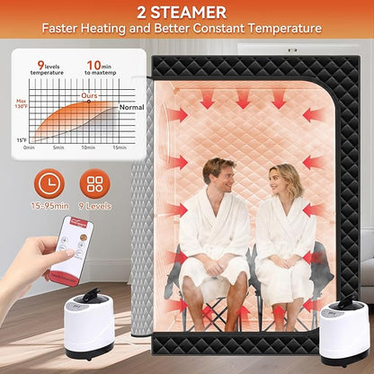 Home Sauna Portable, Upgraded Extra Large 2 Person Sauna Box with 2x3L 1300w Steamer, 2 Big Folding Chair, 9 Levels Heat, Timer,Remote Control - Steam Sauna Room Tent for Home Spa 71”x 49”x 35”, Black