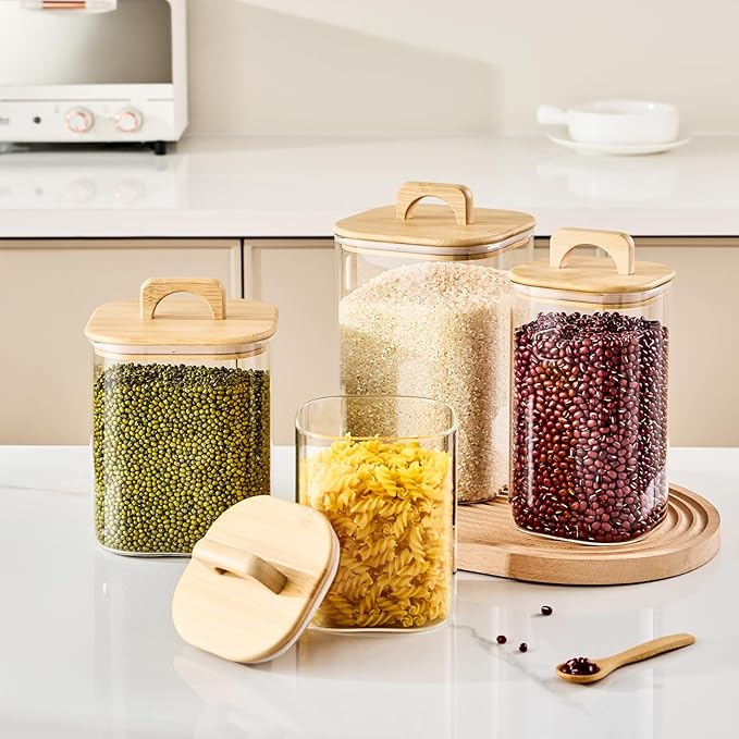 Sweejar 1 qt Glass Food Storage Containers with Lids, Coffee Container for Ground Coffee, 32 oz Glass Jars with Bamboo Lids, 1 Pack