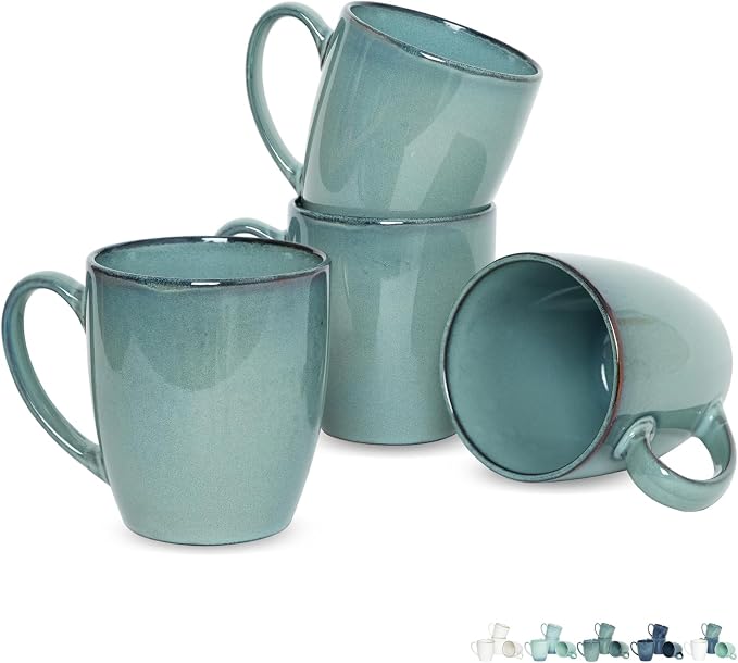 Bosmarlin Ceramic Coffee Mug Set of 4, 17 Oz, Coffee Cups with Big Handle, Microwave Safe, Unique Reactive Glaze (Lake Green, 17 Oz)