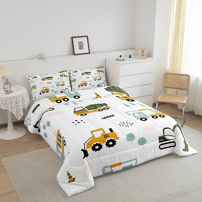 Excavator Kids Comforter Construction Trucks Comforter Set for Boys Teens Heavy Vehicles Decor Bedding Set Cartoon Cars Green Orange Quilt Set with 2 Pillowcases 3Pcs Bedding Full